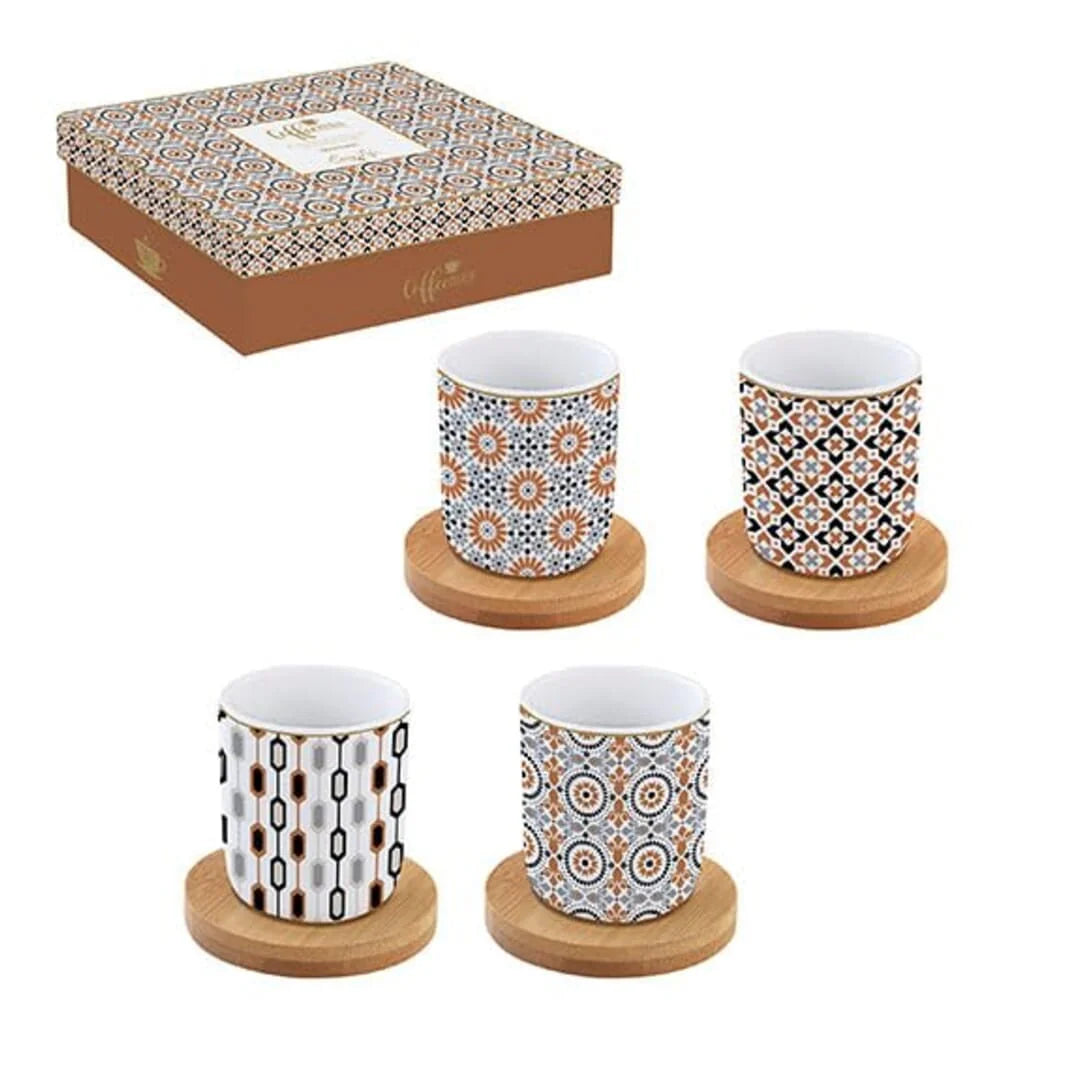 "GEOETHNIC" Coffee Set with 4 Porcelain Espresso Cups and Bamboo Saucers