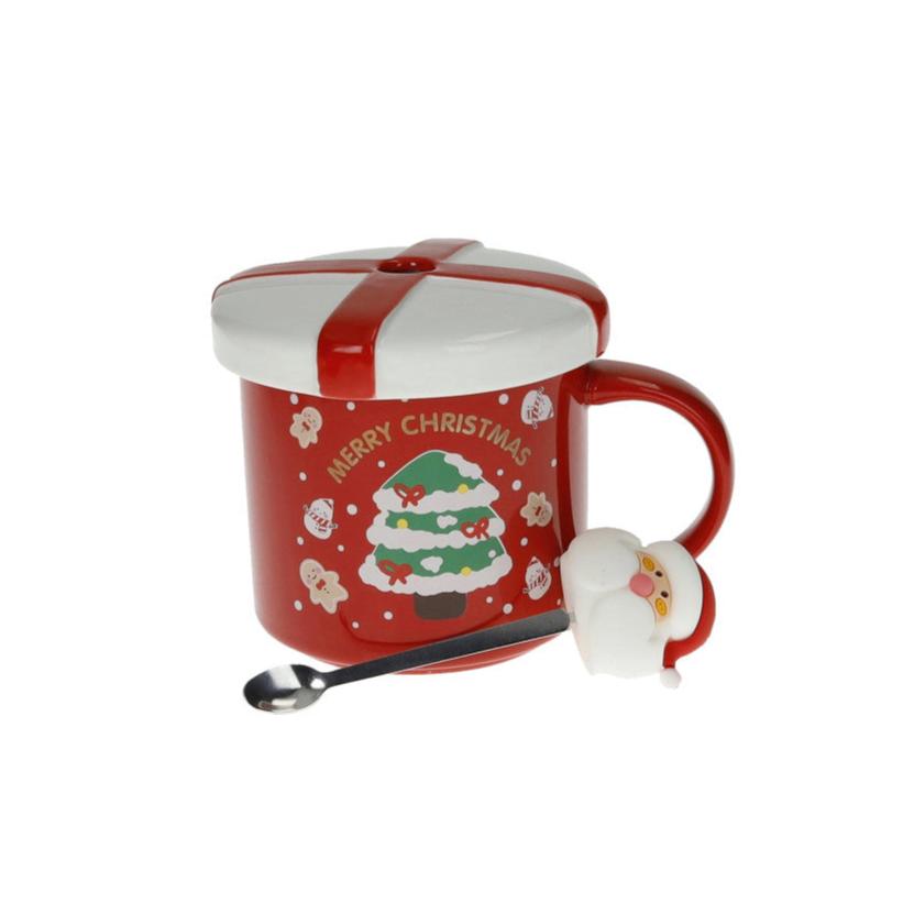 Red Merry Christmas Mug with Lid and Spoon