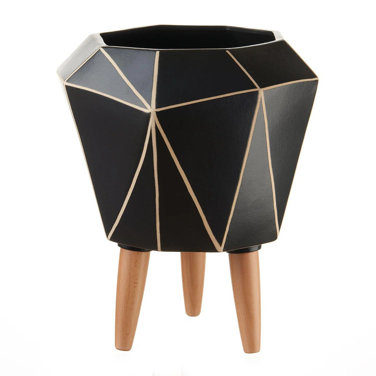 Black Ceramic and Wood Cache-Pot (2 Sizes)