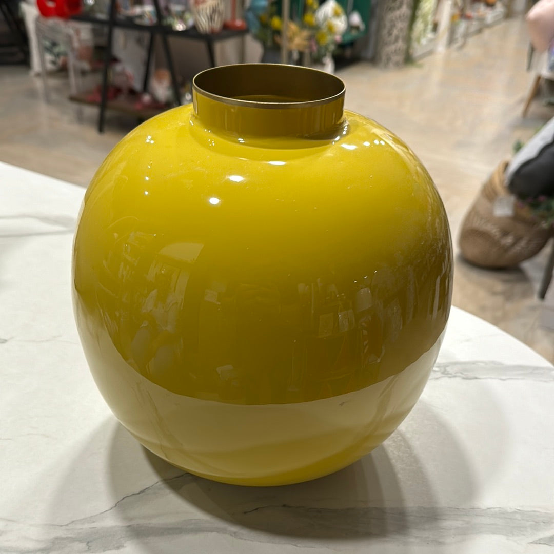 Vaso Tondo in Metallo Smaltato Giallo - H 23cm