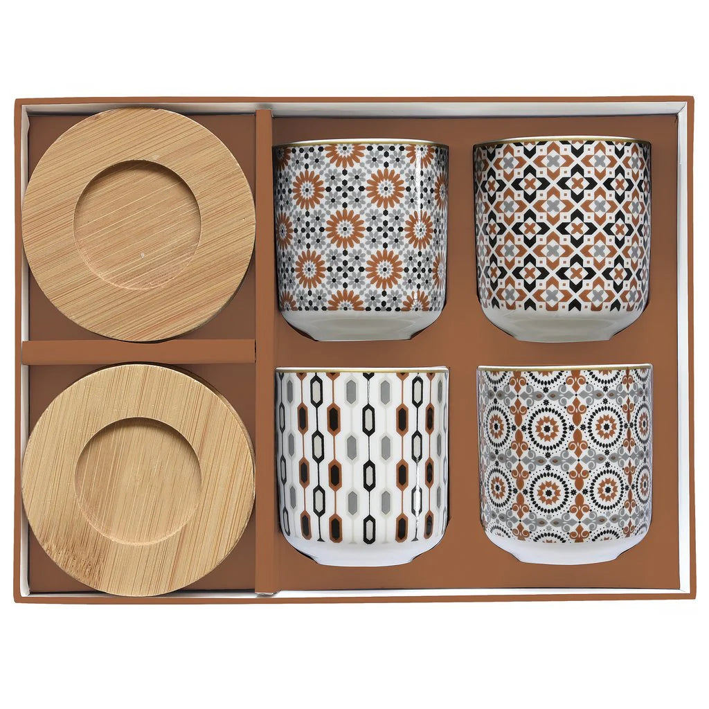 "GEOETHNIC" Coffee Set with 4 Porcelain Espresso Cups and Bamboo Saucers