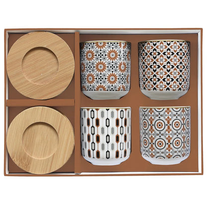 "GEOETHNIC" Coffee Set with 4 Porcelain Espresso Cups and Bamboo Saucers