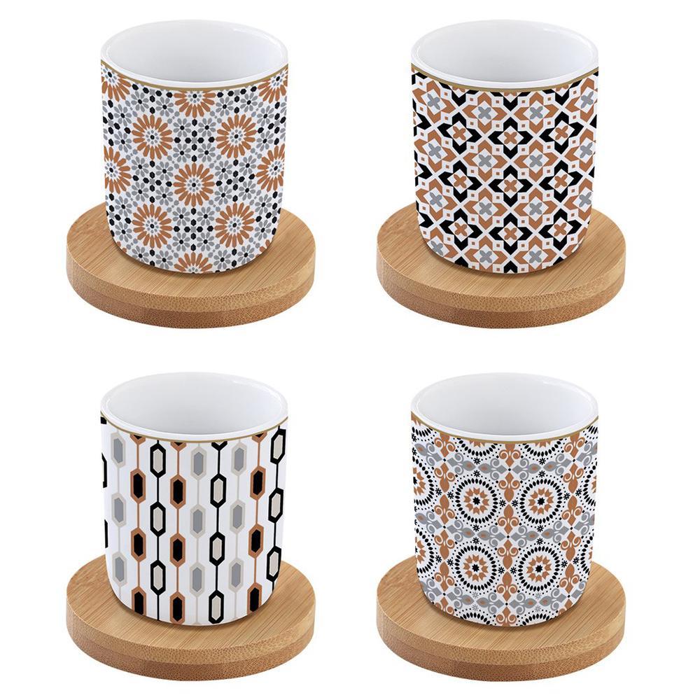 "GEOETHNIC" Coffee Set with 4 Porcelain Espresso Cups and Bamboo Saucers