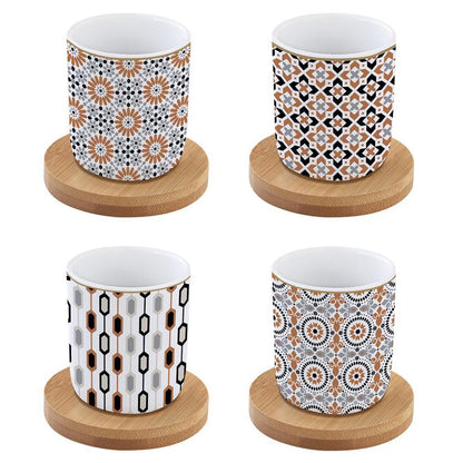 "GEOETHNIC" Coffee Set with 4 Porcelain Espresso Cups and Bamboo Saucers