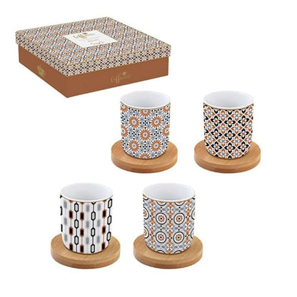 "GEOETHNIC" Coffee Set with 4 Porcelain Espresso Cups and Bamboo Saucers