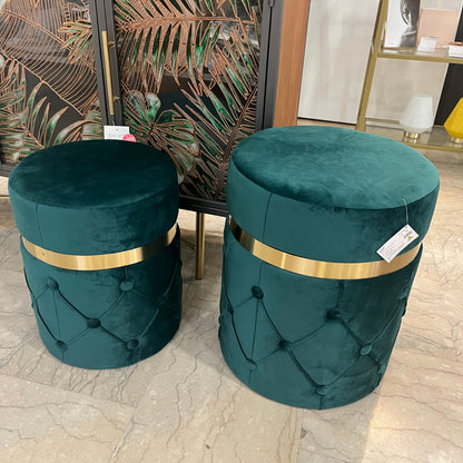 Set 2 Pouf Capiton in Velluto Verde con Bordo Oro