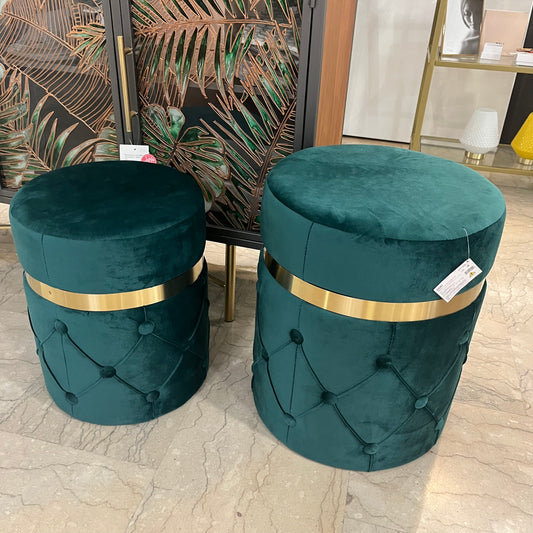Set 2 Pouf Capiton in Velluto Verde con Bordo Oro