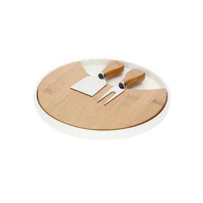 Tagliere Formaggi in Porcellana e Bamboo con 2 Coltelli Inox